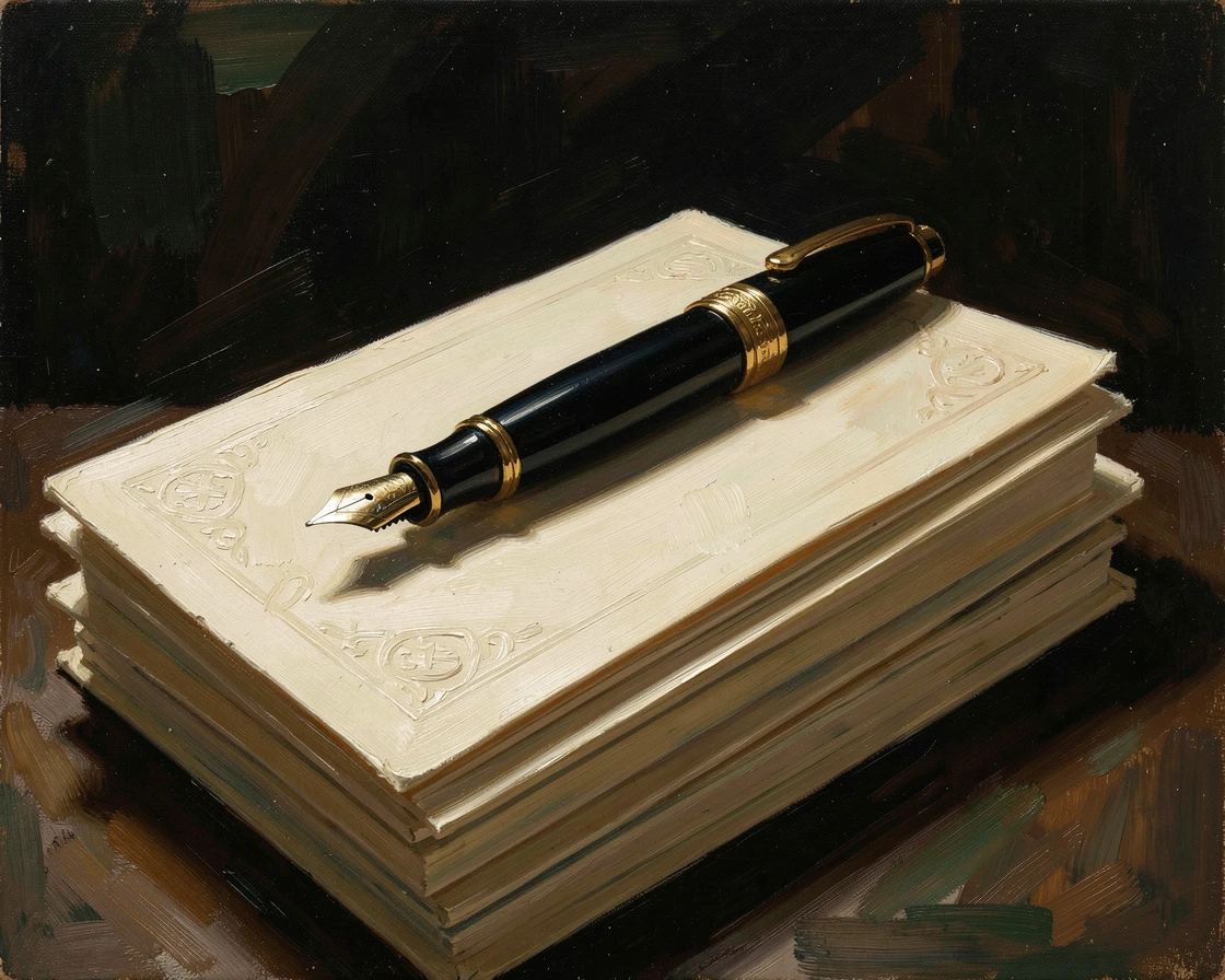 A luxury fountain pen resting on a stack of cream stationery, with rich, deep colors adding a sense of opulence, designed as a sophisticated piece for upscale interior decor