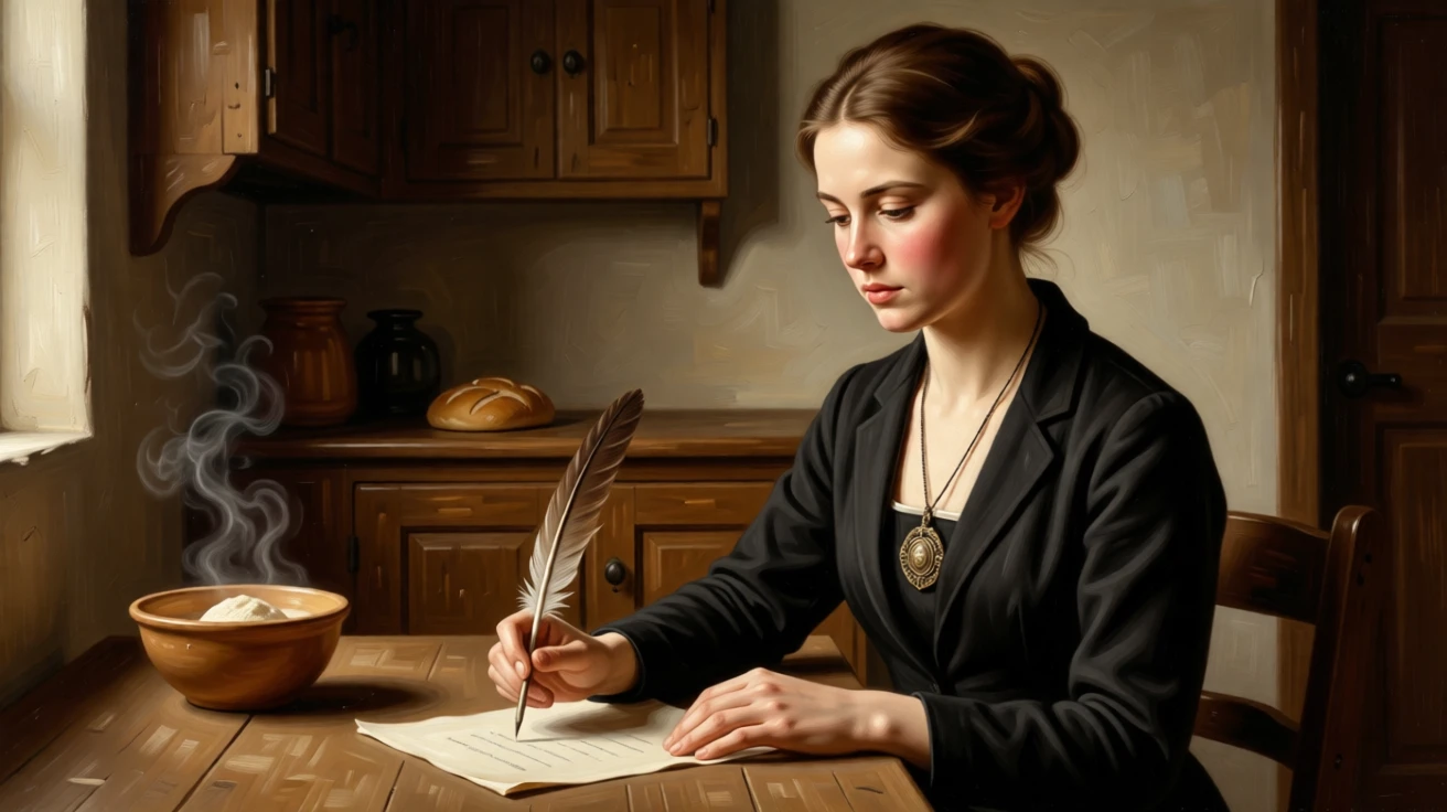 A poet lost in thought with quill hovering over parchment captured in a quiet, introspective moment, set in a modest cottage kitchen filled with the smell of bread, with a cherished heirloom locket resting against her collarbone; the hands are given equal storytelling weight alongside the face, capturing grace under the weight of everyday devotion.