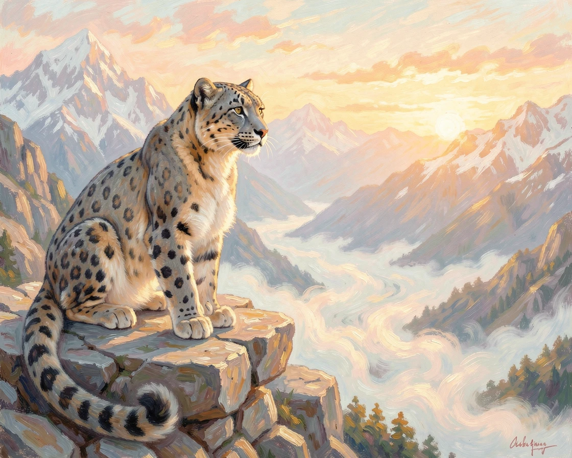A snow leopard perched on a rocky Himalayan ledge, gazing out over a misty mountain valley, at golden sunrise.