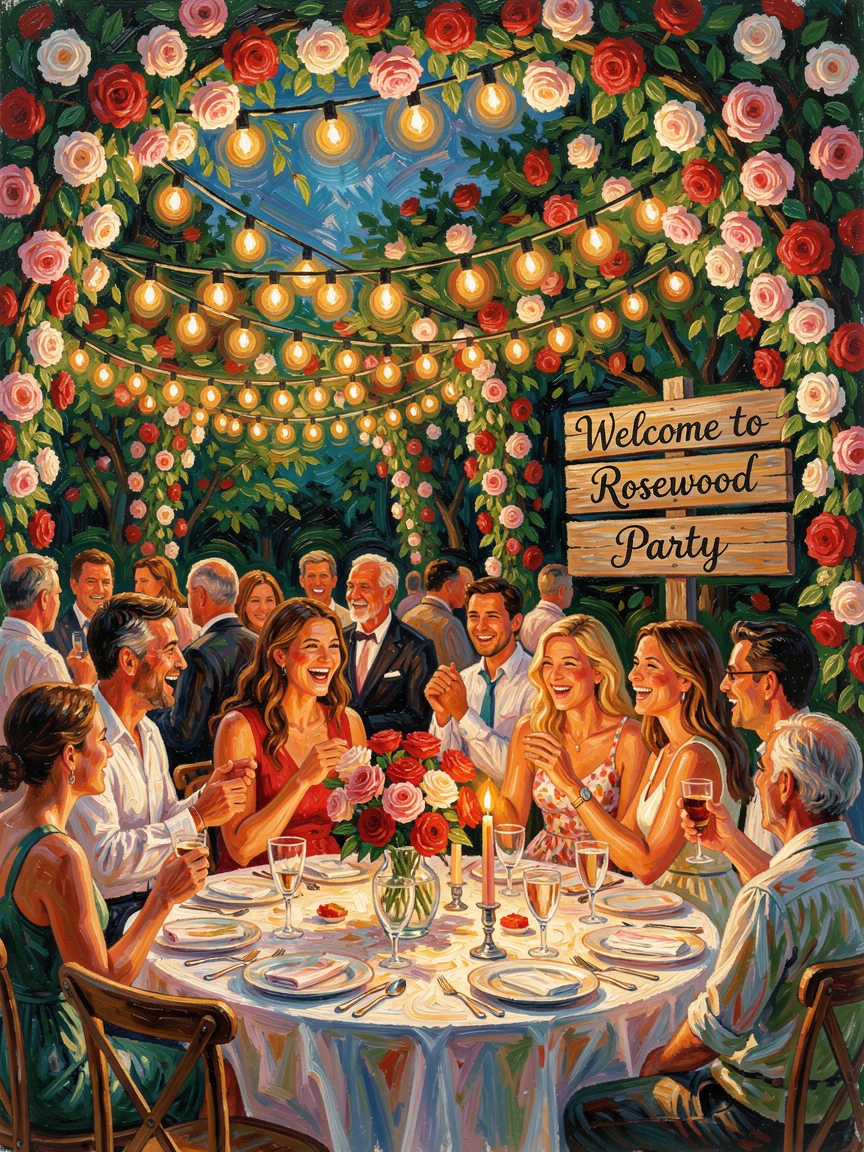 A summer garden party beneath a canopy of string lights and blooming roses.