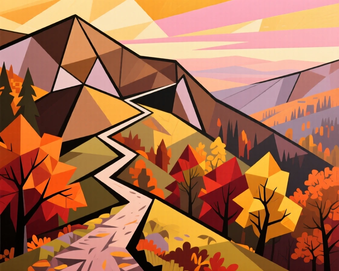A sweeping wide view of a winding mountain trail as golden hour bathes everything in warm light, during vibrant autumn.