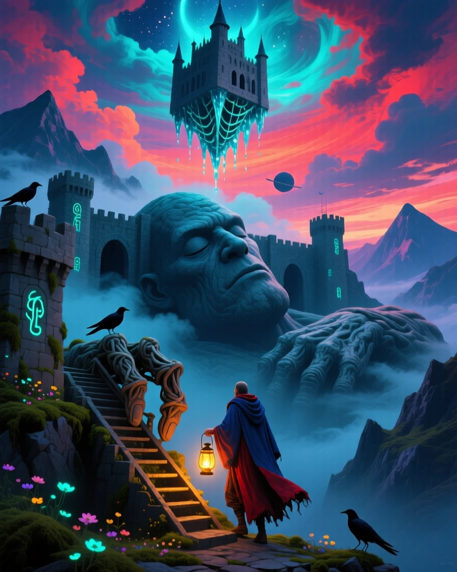 A fortress carved from a single sleeping giant reflects a version of itself upside down in the clouds, as a lone traveler climbs toward its summit.