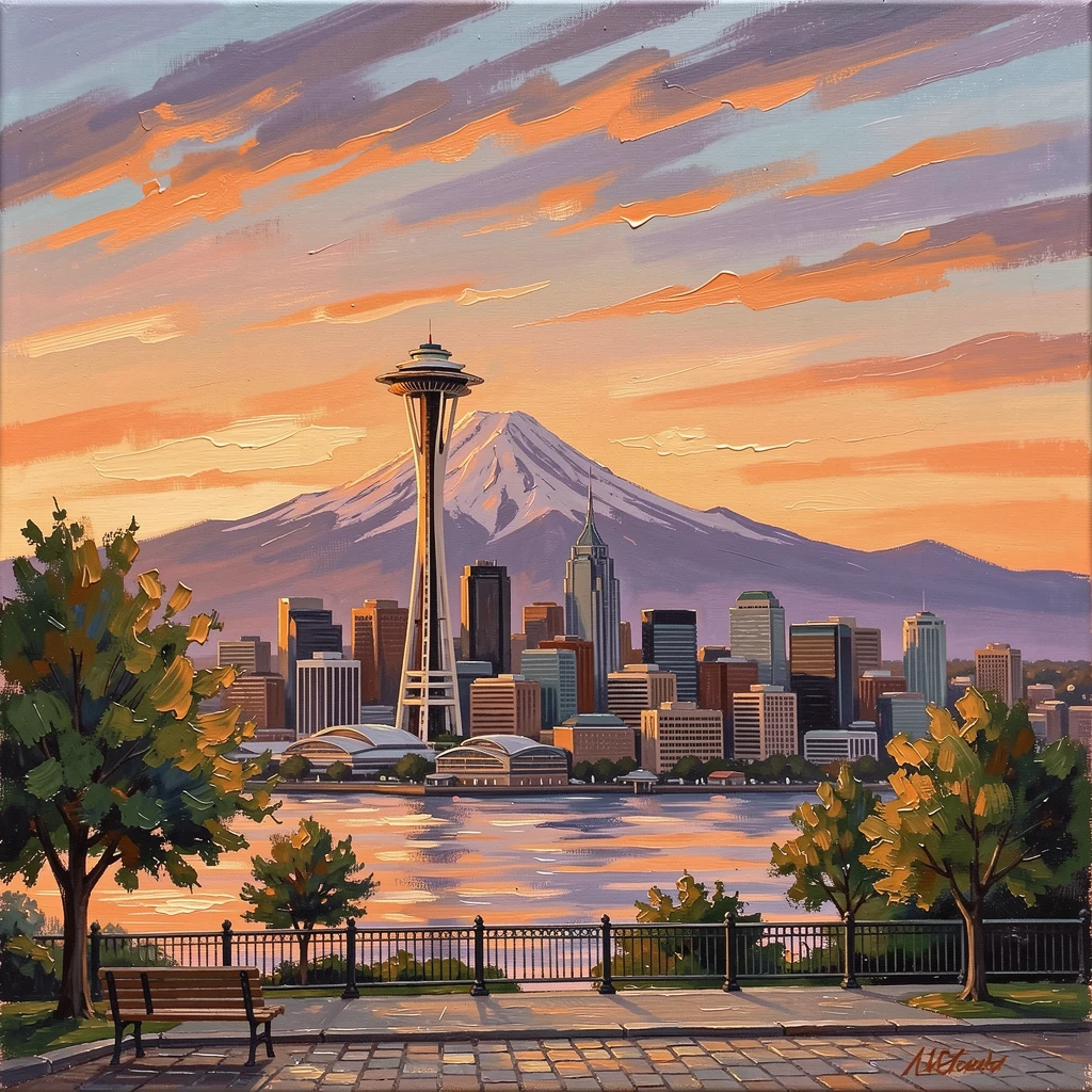 The Seattle skyline rises behind the Space Needle at sunset, Mount Rainier visible in the distance beneath a sky streaked with orange clouds, the composition balancing a wide sweeping view with intimate, carefully observed foreground detail.