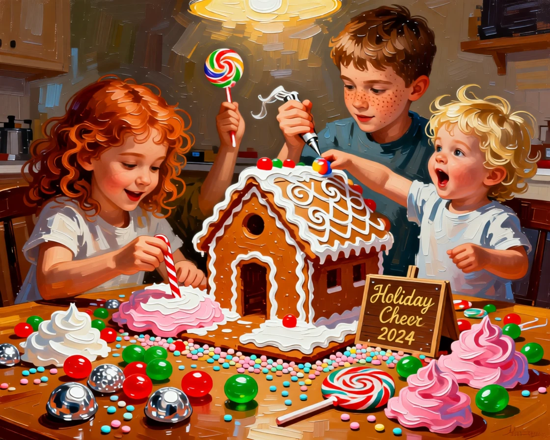 Children building a gingerbread house together at a table covered in candy and icing