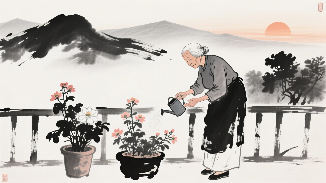 An elderly woman waters potted flowers on her balcony at sunrise, with distant hills visible beyond the garden wall.