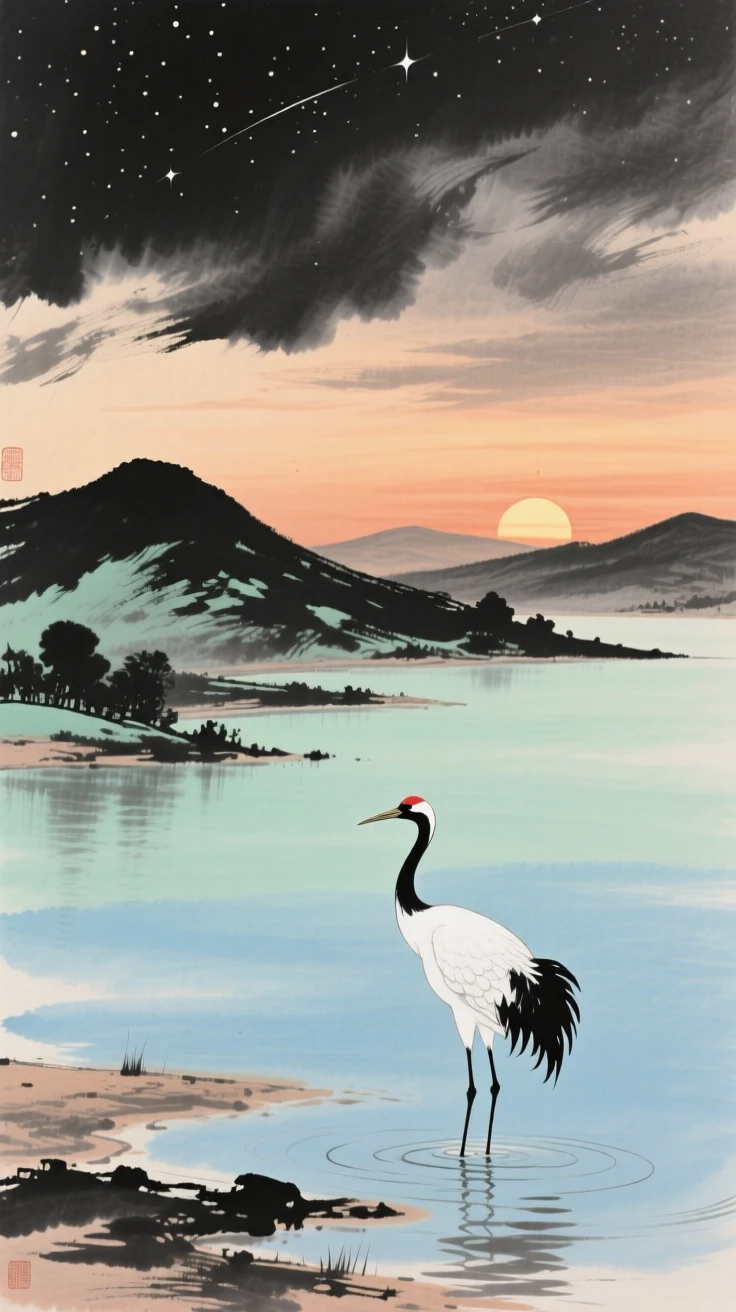 A lone crane standing in shallow water as the sun sets behind the hills, conveying a deep sense of harmony with nature, under clearing skies after a storm, under a sky full of stars.