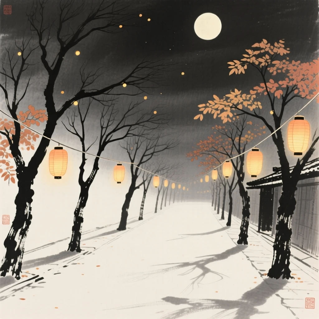An autumn moon festival with lanterns strung between trees along a lantern-lit street, balanced between soft shadow and warm points of light, suggesting nostalgia and gentle celebration.
