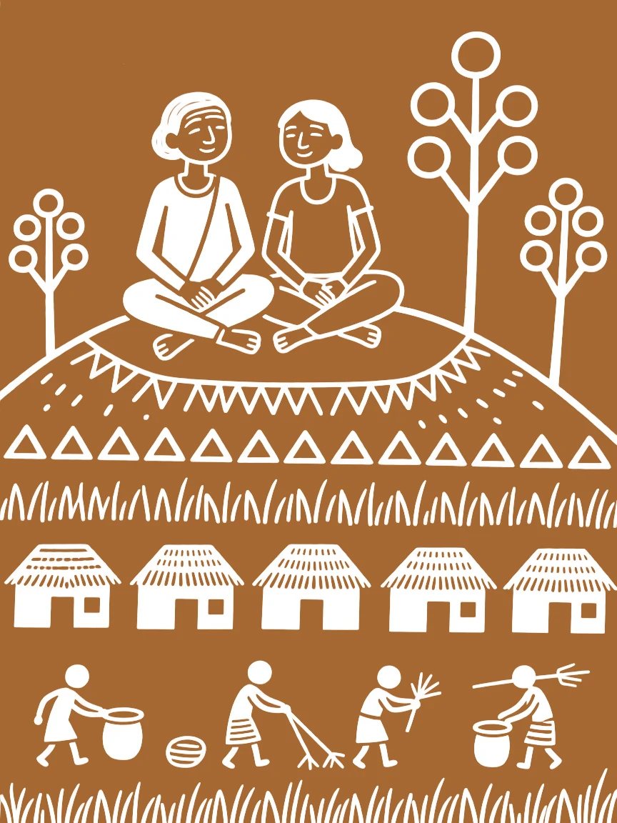 An elderly couple sitting side by side atop a hill overlooking the village.