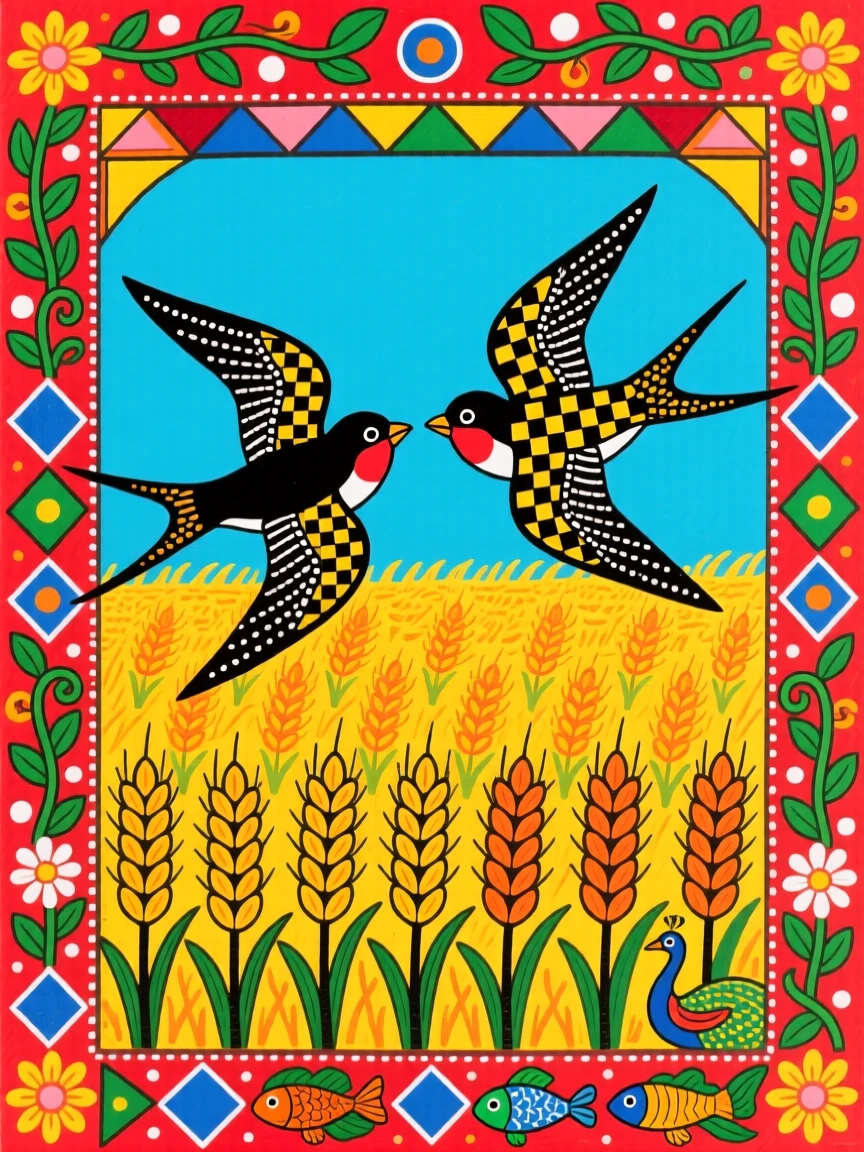 A pair of swallows swooping low over a golden wheat field.