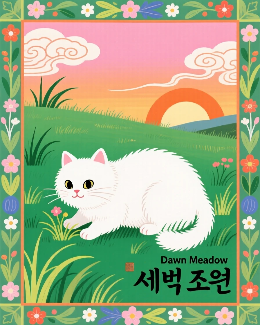 A fluffy white cat grazing in a green pasture at dawn.