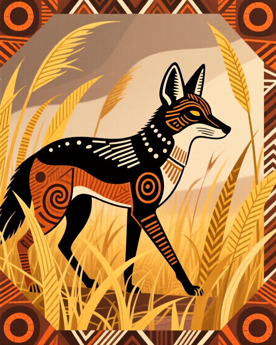 A black-backed jackal walking through tall golden grass.