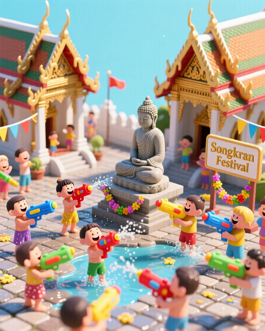 A Songkran water festival celebration with colorful water guns, laughing crowds soaked and joyful under a bright sun.
