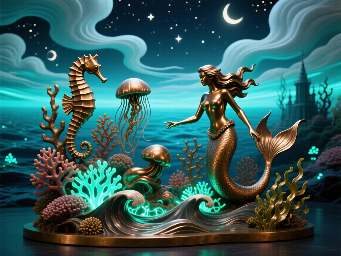 An underwater kingdom glowing with bioluminescent light, set against a surreal, otherworldly sky, transporting the viewer to another world