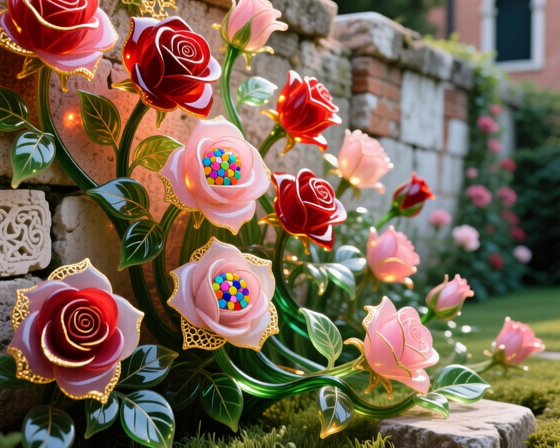 A field of blooming roses cascading over an ancient garden wall, romantic and lush.