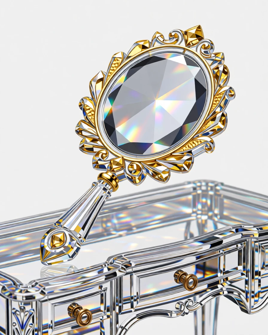 An elaborate gold-leafed hand mirror resting on an antique dressing table.