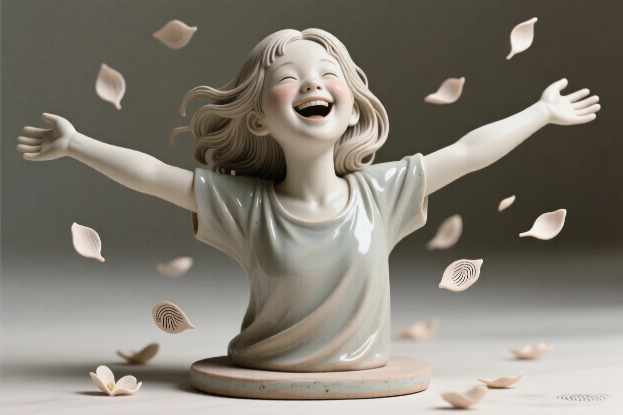 A young girl laughing with arms outstretched caught in an intimate, unguarded moment, surrounded by softly falling petals, radiating grace, strength, and inner peace.