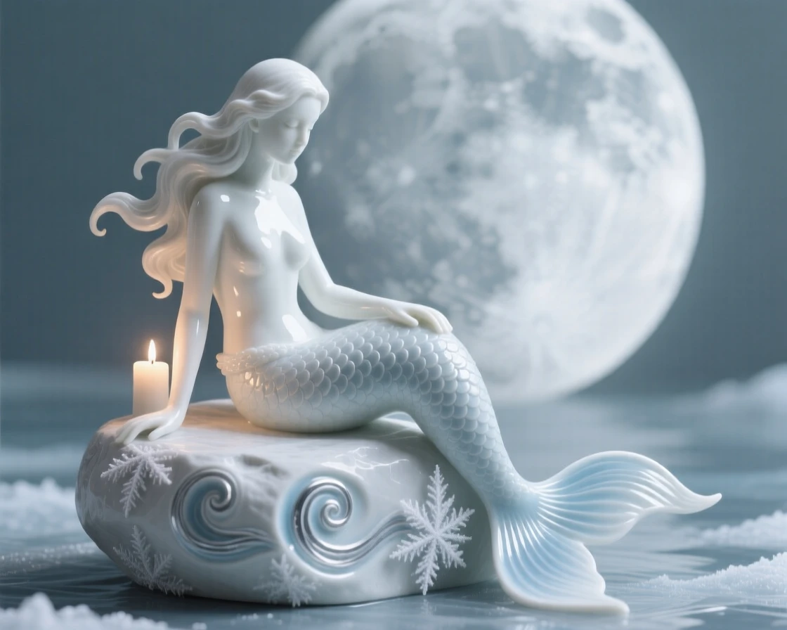 A storybook depiction of a mermaid on a moonlit rock commanding swirling patterns of frost, softly lit as if illuminated by a single candle.
