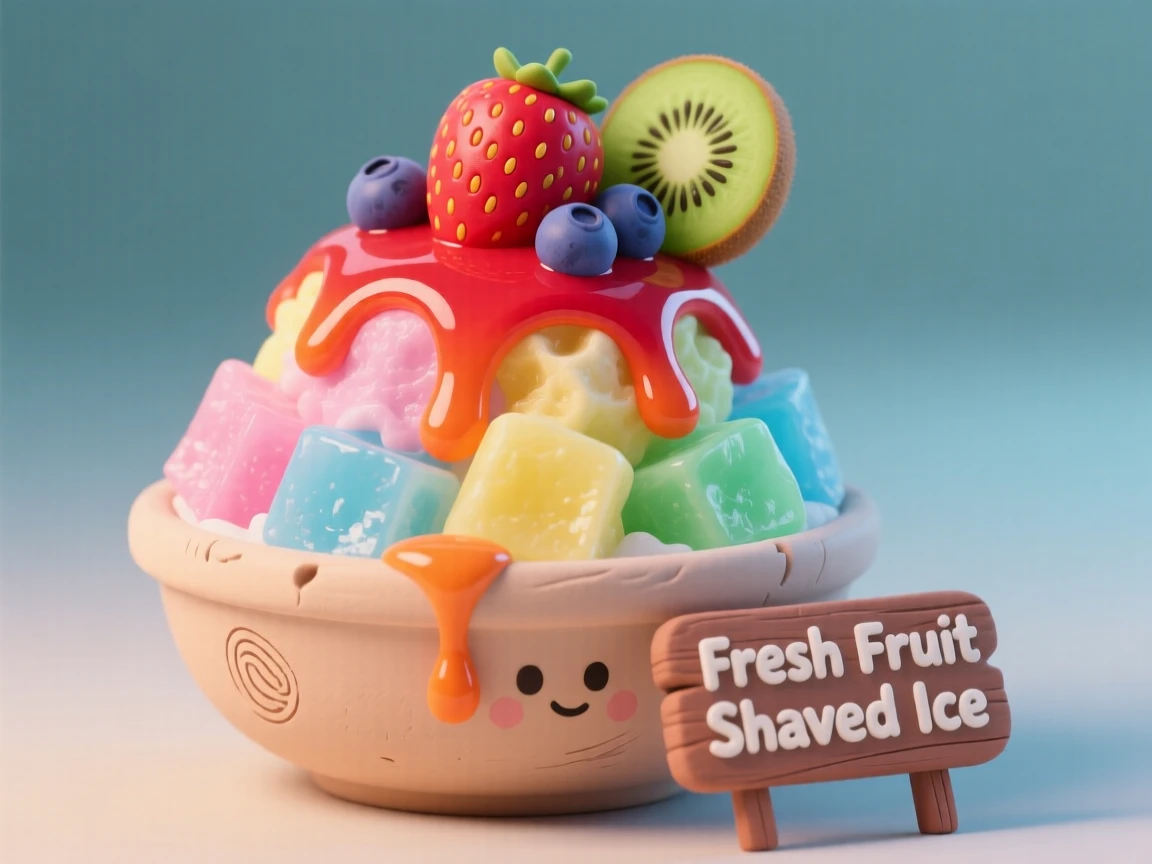 A bowl of colorful shaved ice topped with fresh fruit syrup