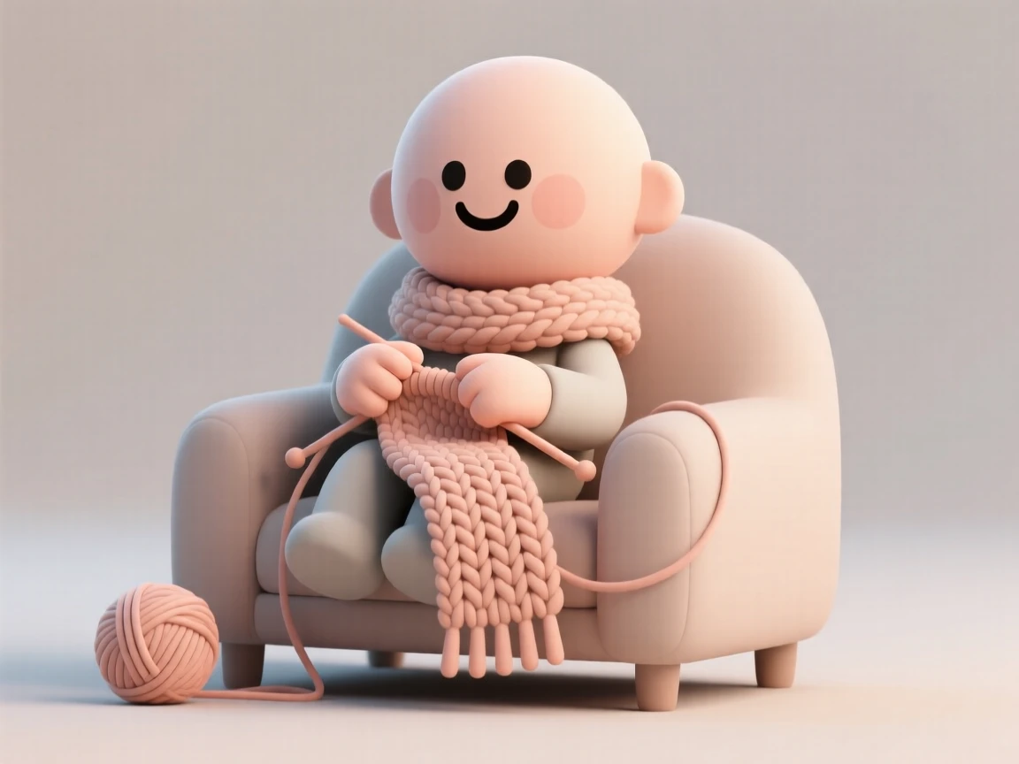 A cheerful knitter loops soft yarn into a growing scarf while curled up in a cozy armchair.