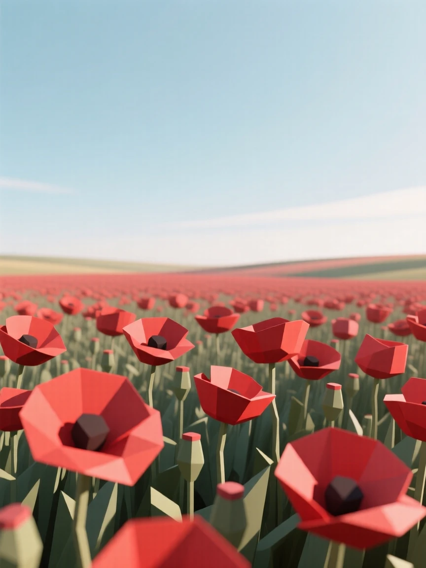 A field of red poppies under a wide sky, beneath a sky painted in sunset hues. the composition uses a wide, sweeping perspective. A gentle warmth radiates through the scene.