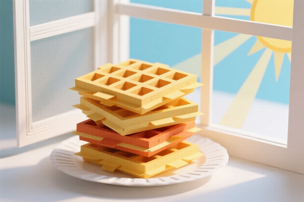 A stack of golden waffles arranged beside a sunlit window, with soft natural light highlighting rich colors, capturing the artistry of fine cuisine.