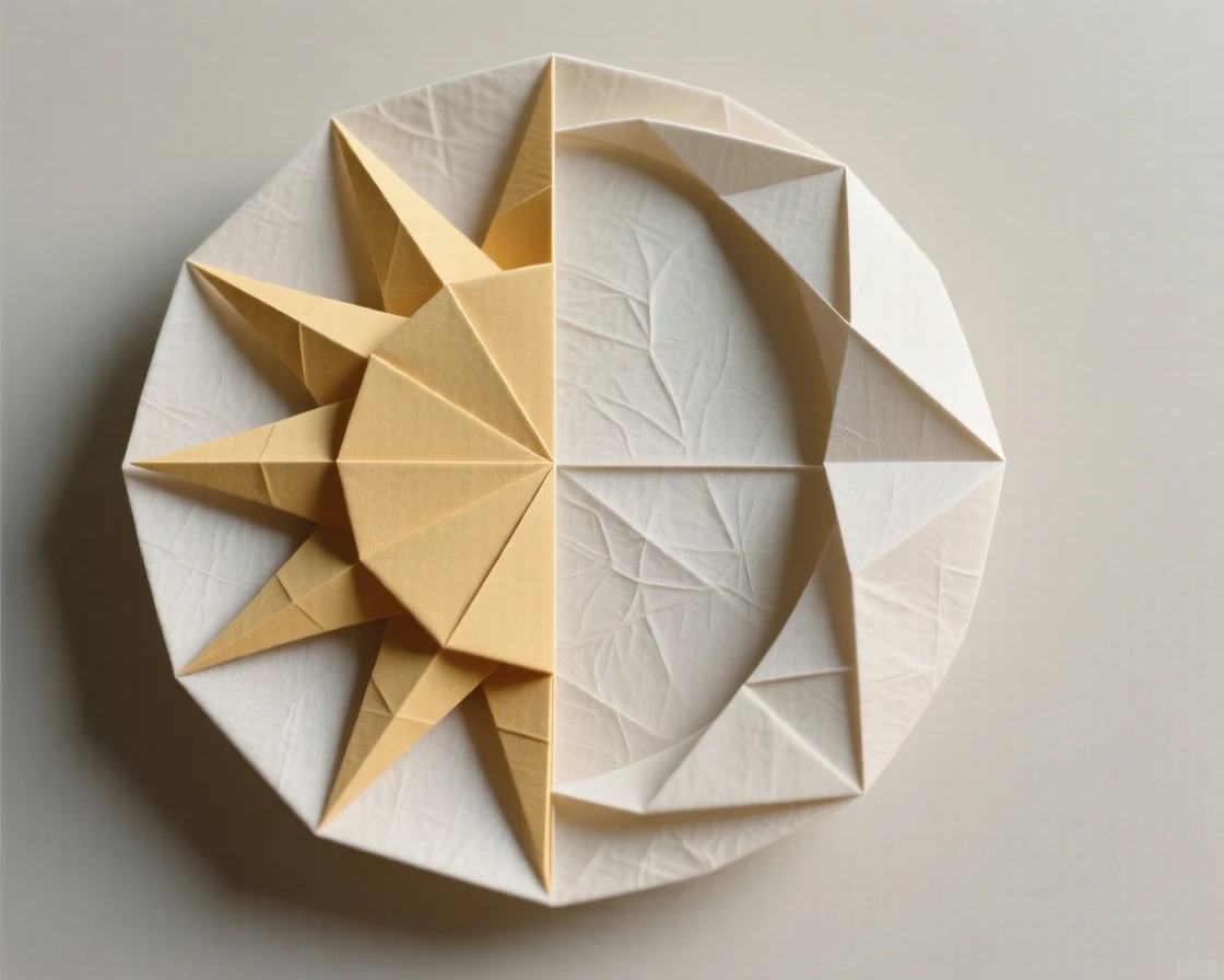 A decorative sun and moon combined into a single symmetrical circular motif.