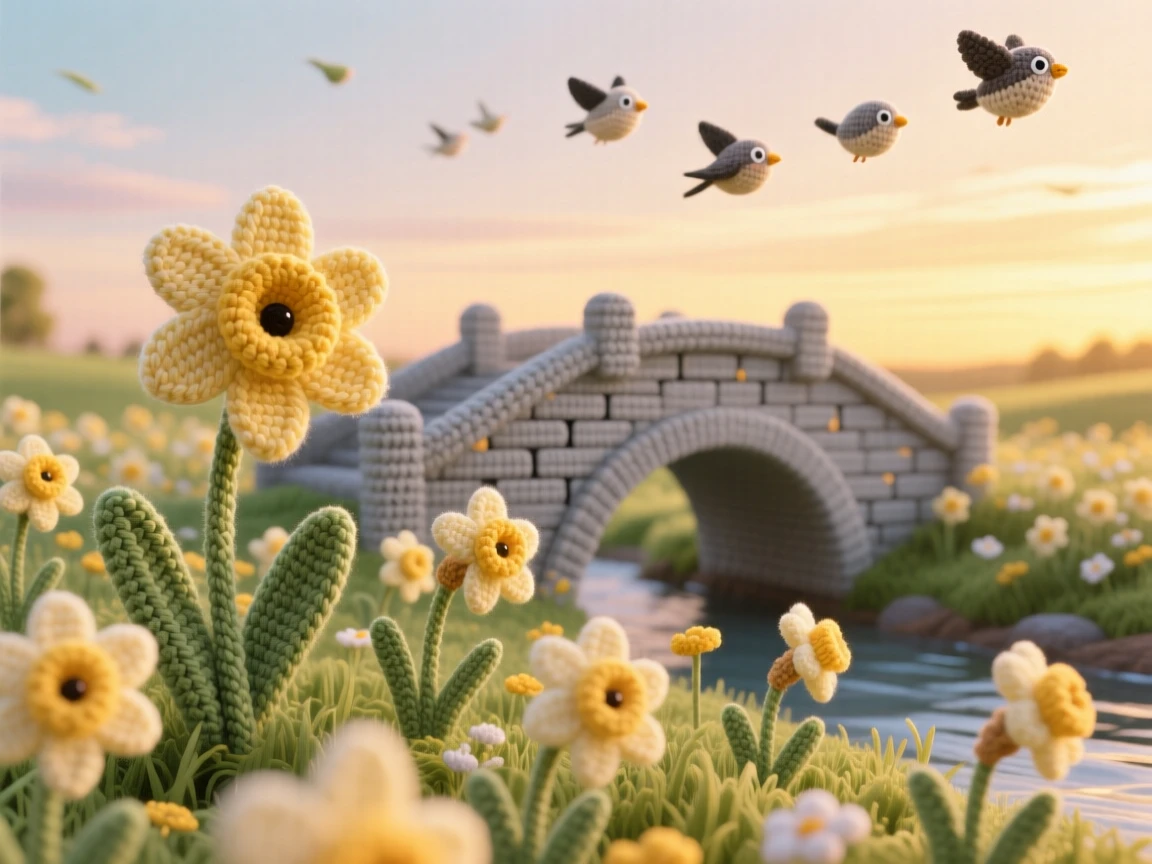 a field of wild daffodils along a riverbank, swaying gently in a spring breeze, framed by a distant stone bridge beneath a wide open sky at golden hour; a small flock of birds passing overhead completes the scene, full of a serene, storybook tranquility.