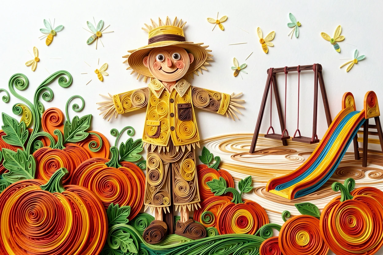 a friendly scarecrow standing in a pumpkin patch, on a sunny playground with swings and slides, arranged with a joyful sense of motion and energy, with tiny glowing fireflies scattered about.