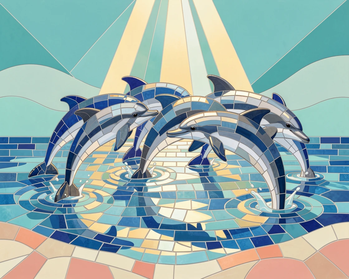 A group of dolphins playing in sunlit shallow ocean water, illuminated by soft rays of sunlight filtering through water.