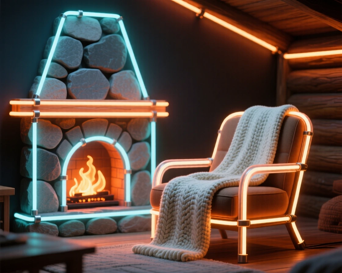 A cabin living room with a stone fireplace and a knitted blanket draped over a chair.