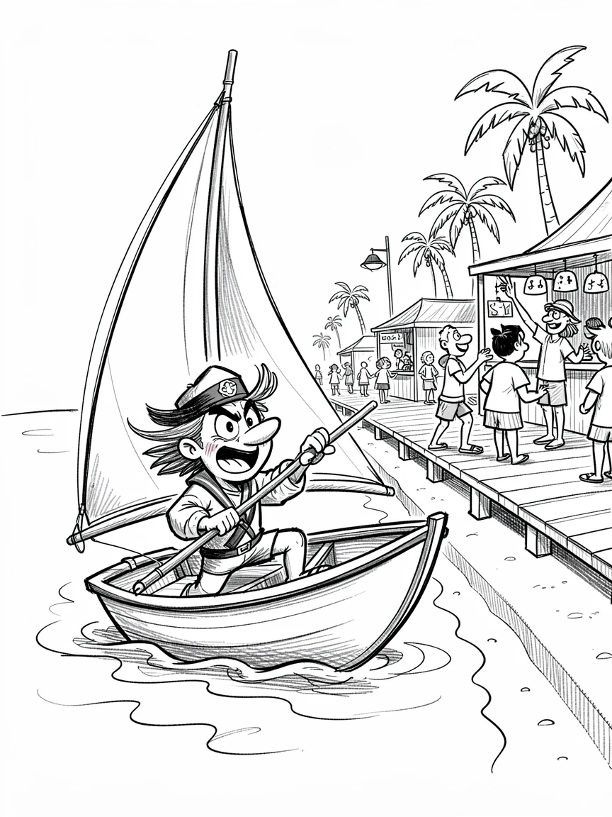 A sailor steering a small sailboat beside a lively beachside boardwalk.