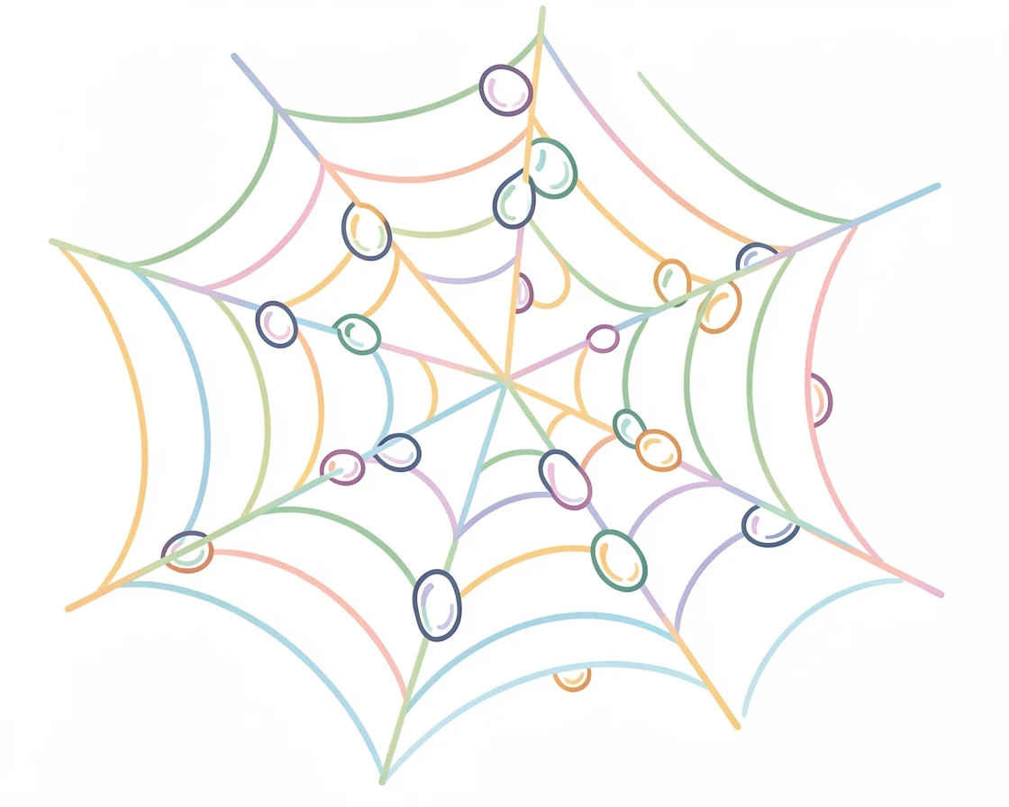A close-up of dewdrops forming a delicate pattern on a spiderweb at dawn.