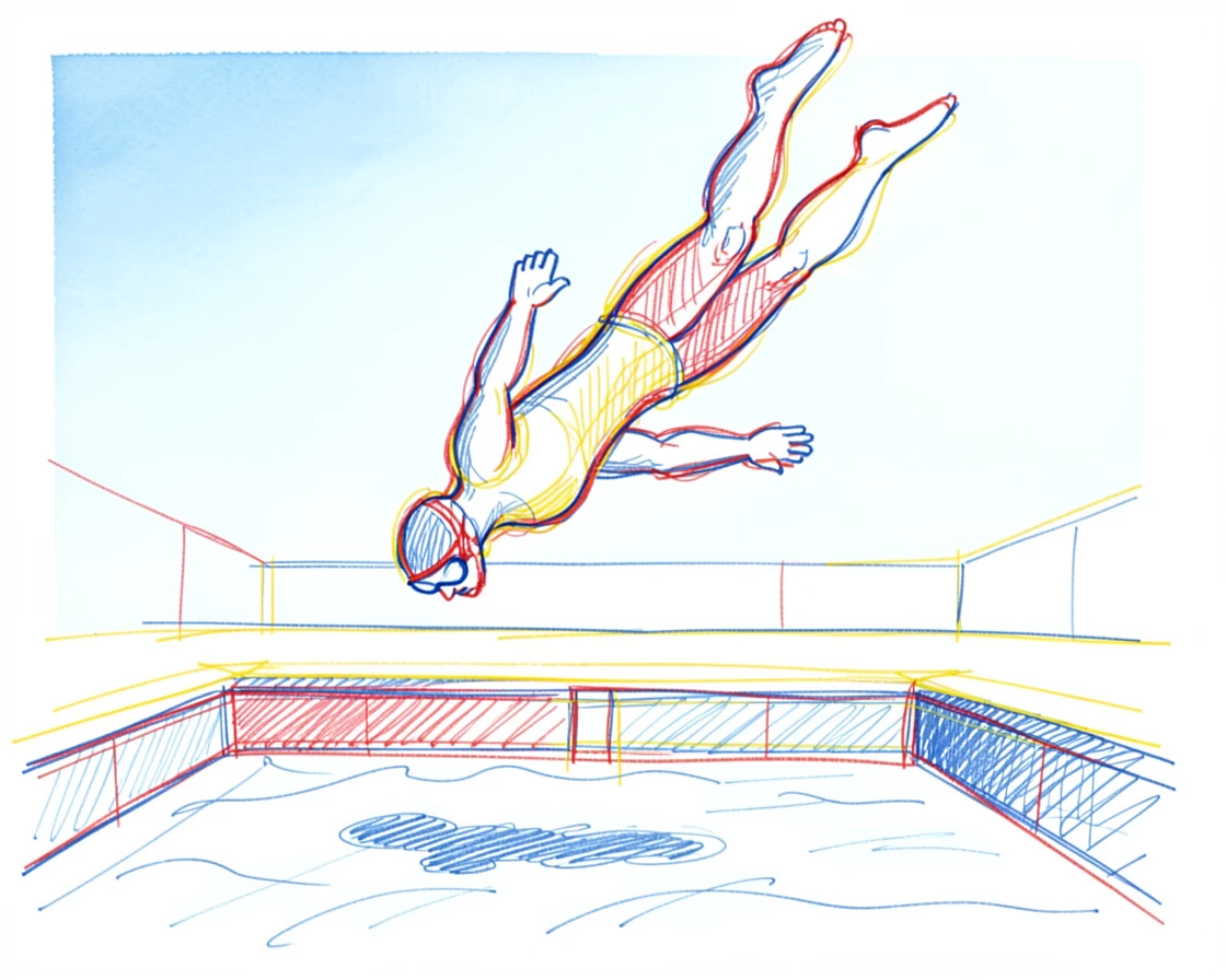 A diver mid-flip against a clear blue sky above a swimming pool