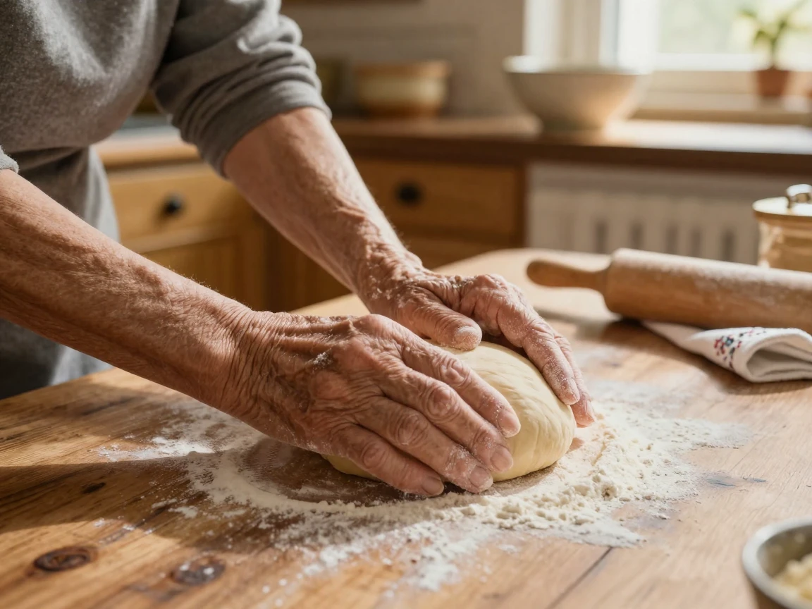 A grandmother's hands kneading dough in a warm kitchen