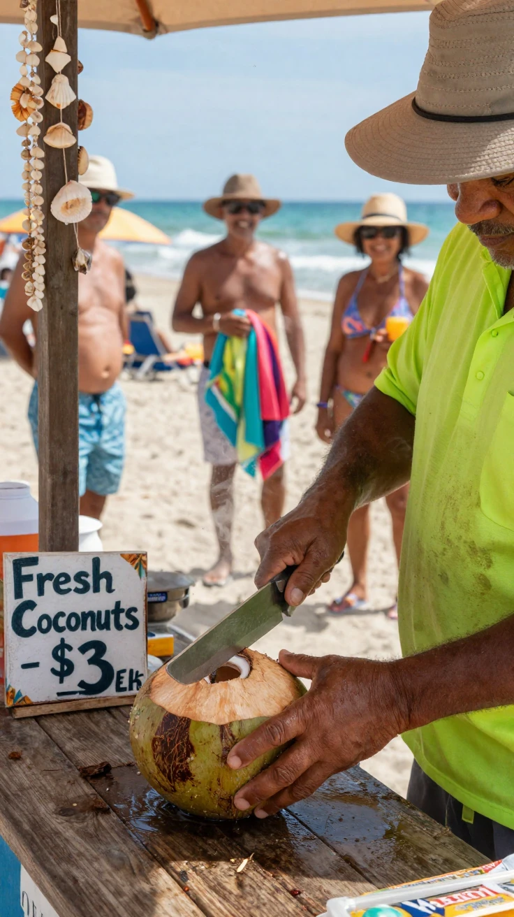 A vendor slices fresh coconut for thirsty beachgoers at a seaside stand.