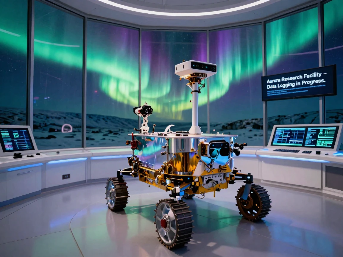 A solar-powered rover gathering data beneath the shimmering aurora inside a gleaming research station