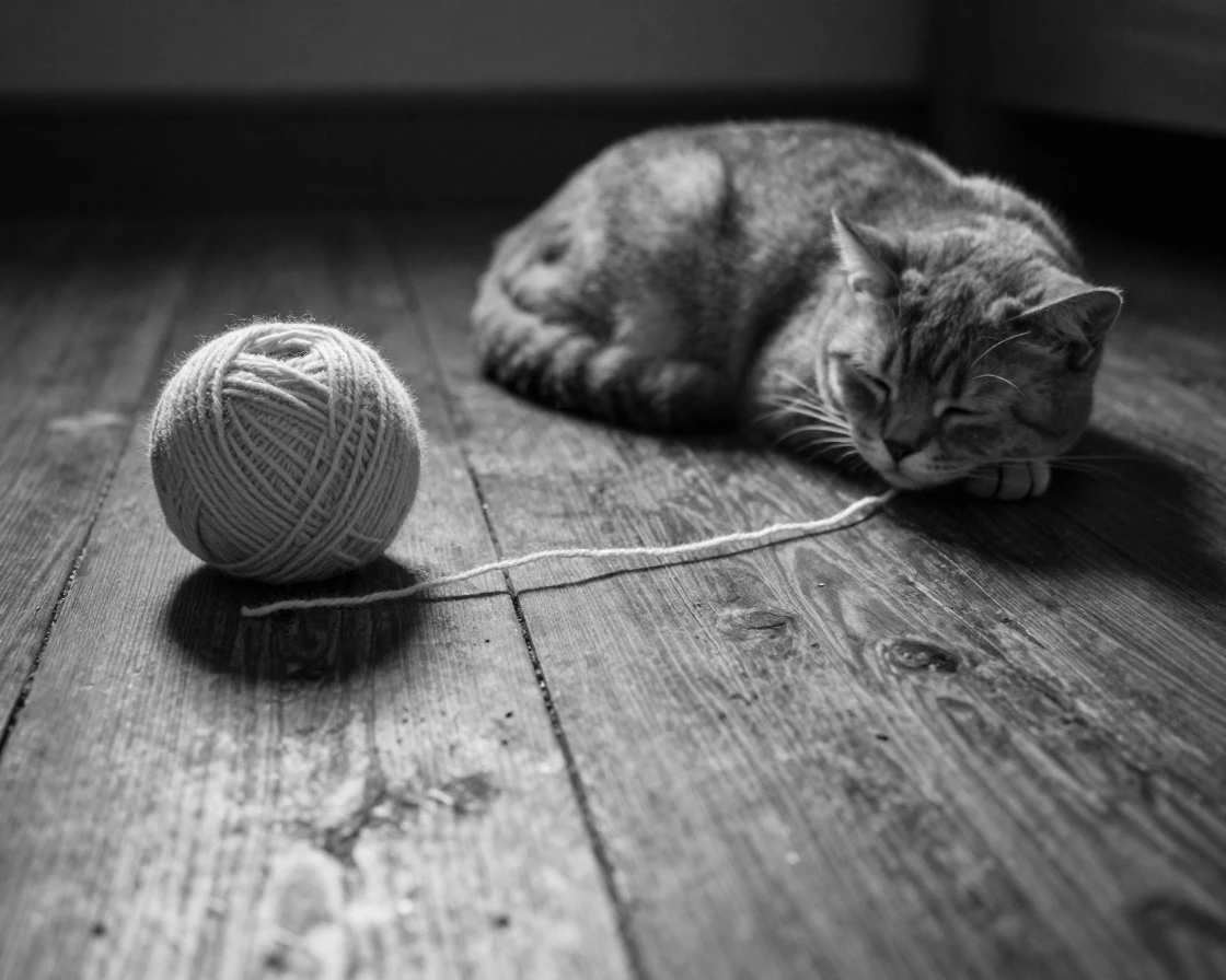 A ball of yarn unravels across a wooden floor beside a sleeping cat.