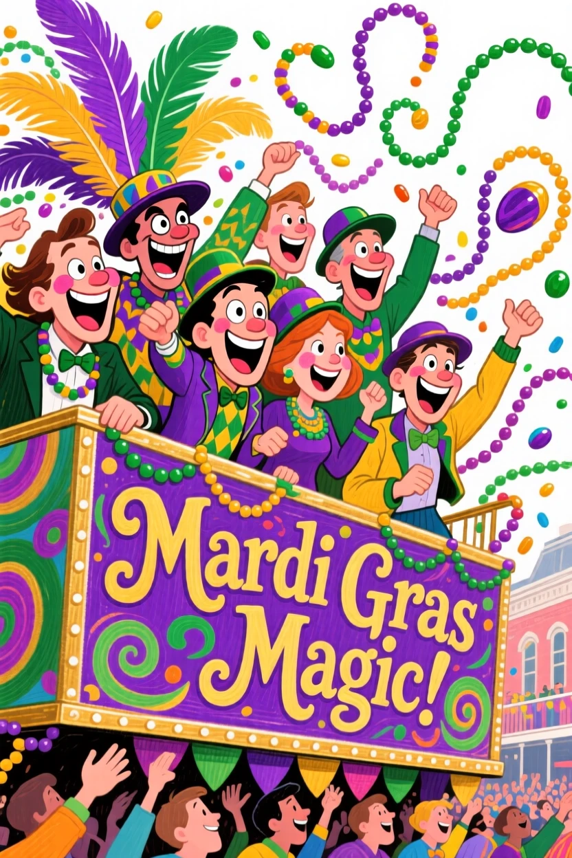 A group celebrating Mardi Gras, tossing beads from an elaborate parade float.