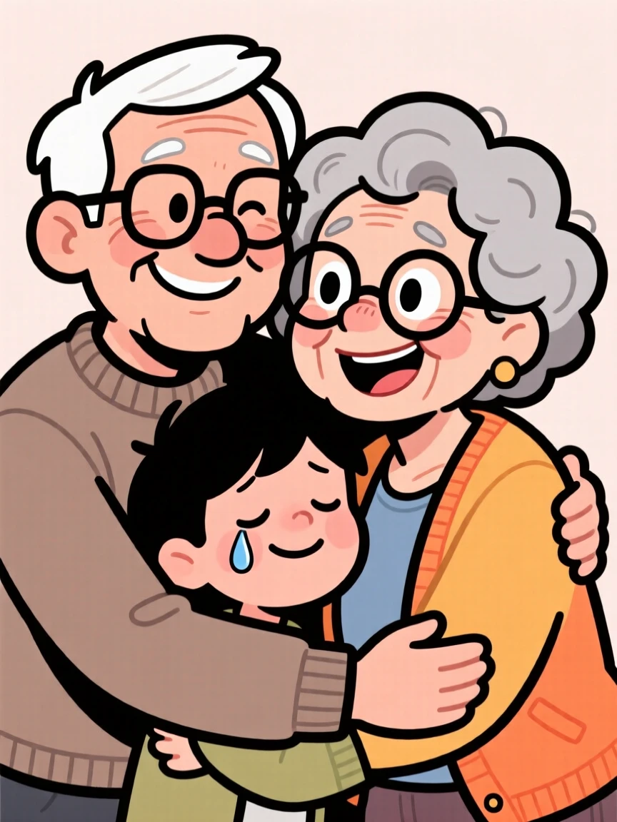 A heartwarming moment depicting two old friends comforting a loved one with a warm hug, with a single joyful tear rolling down a cheek.
