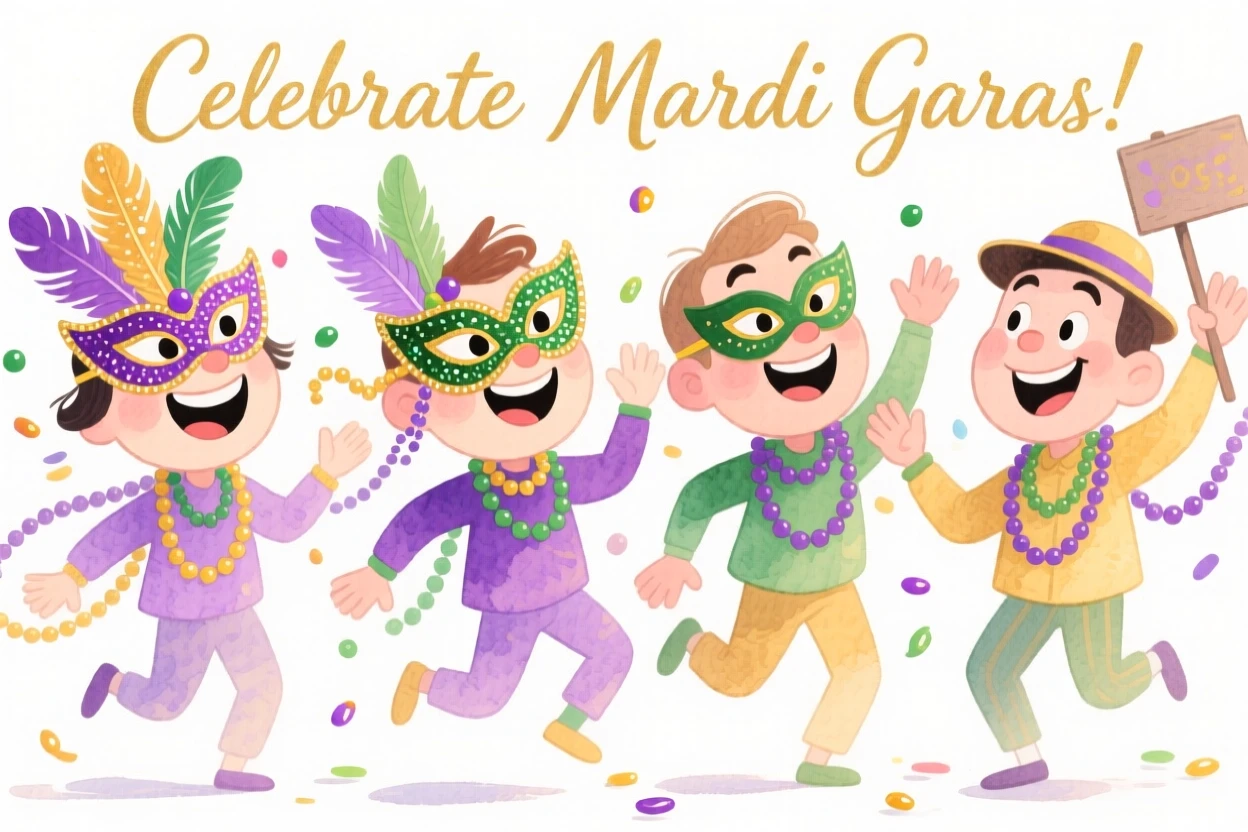 A joyful celebration scene of a Mardi Gras parade with colorful beads and masks, bursting with color and joy