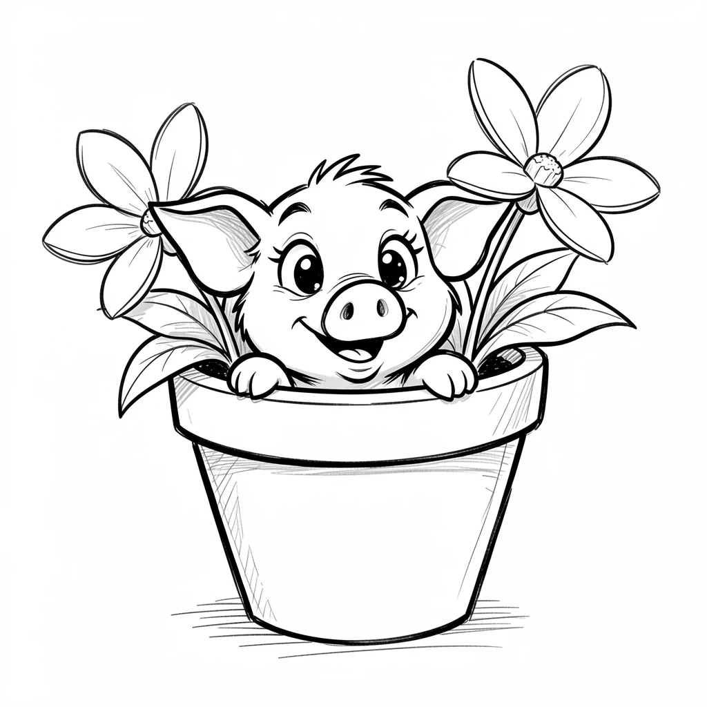 [Cute Animals & Pets] Adorable scene of a curious piglet peeking out from a flower pot, bursting with charm and playful energy