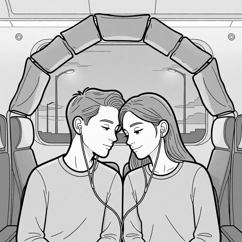 Two people sharing one pair of earbuds on a train, resting heads together as the sky turns pink and orange, set on a train seat lit by passing streetlights. Couch cushions form a lopsided, collapsing archway. The scene feels like a love story told through small moments.
