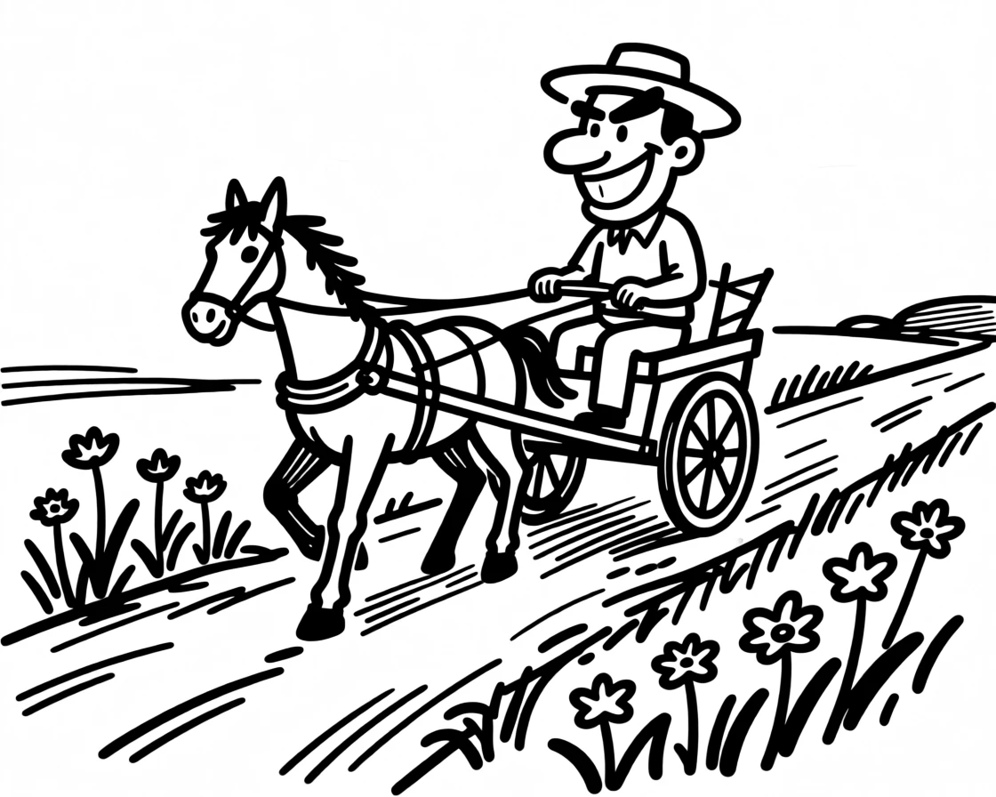 A farmer driving a horse-drawn cart along a dirt road lined with wildflowers.