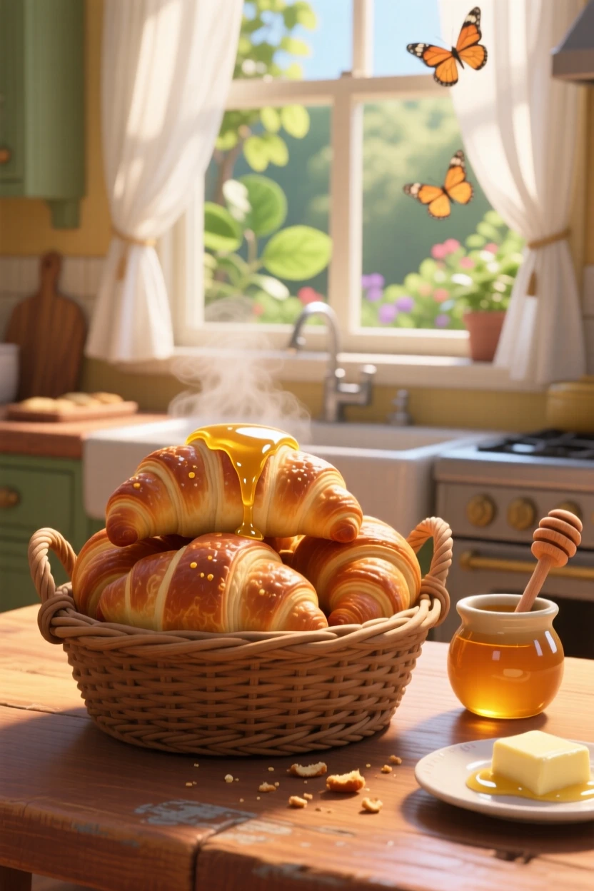 A basket of warm buttery croissants sits beside a window with morning light streaming in, with honey drizzling slowly over the top. A cheerful, mouthwatering warmth surrounds the dish.