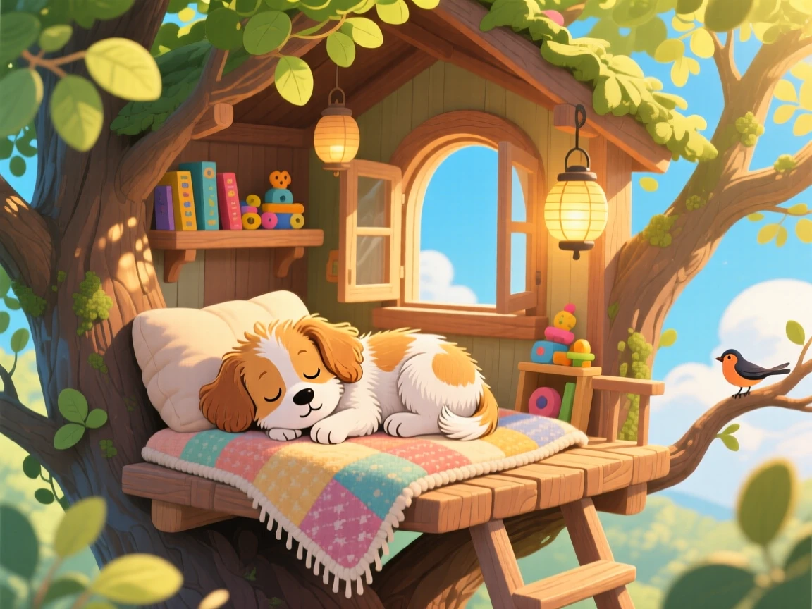 A bouncy puppy is napping in a patch of sunlight in a cozy treehouse, with a warm breeze rustling the branches.
