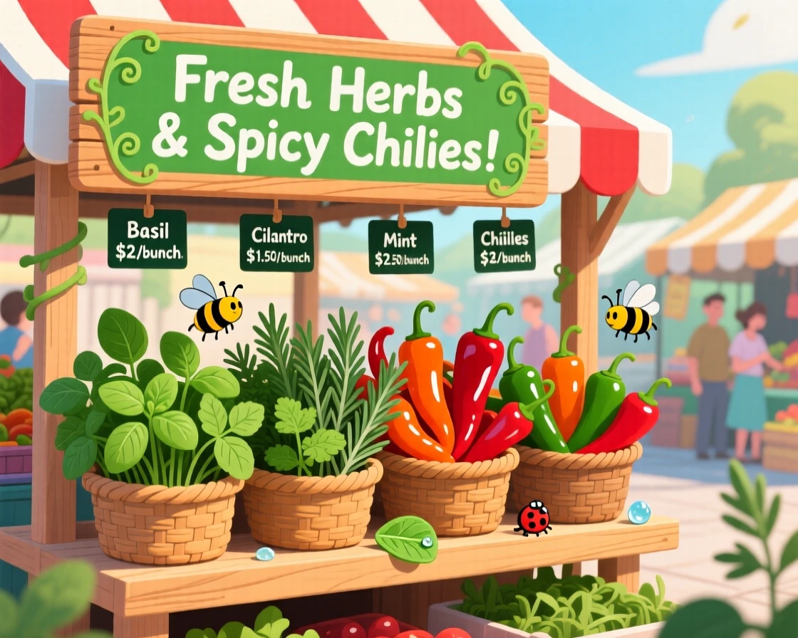 A market stand selling bright bunches of fresh herbs and chilies.