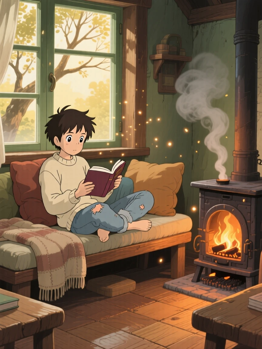 A young man reading a novel curled up on a window seat, a woodstove crackling quietly in the corner, the whole scene feeling peaceful and unhurried.