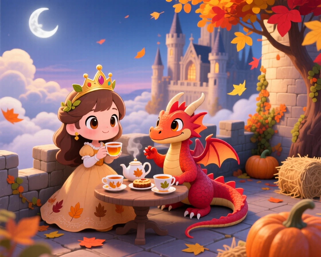 Three-quarter view: a young princess and her dragon friend, having tea on a castle rooftop, set against a cloud-level castle terrace during golden autumn harvest season, with soft moonlight and a mood of playful mischief.