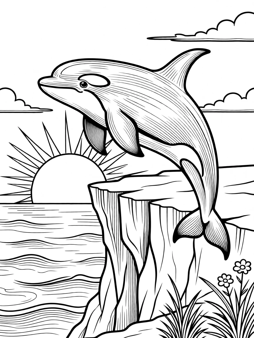 An orca perched on a jagged cliff at sunset, with scales that catch glints of light.