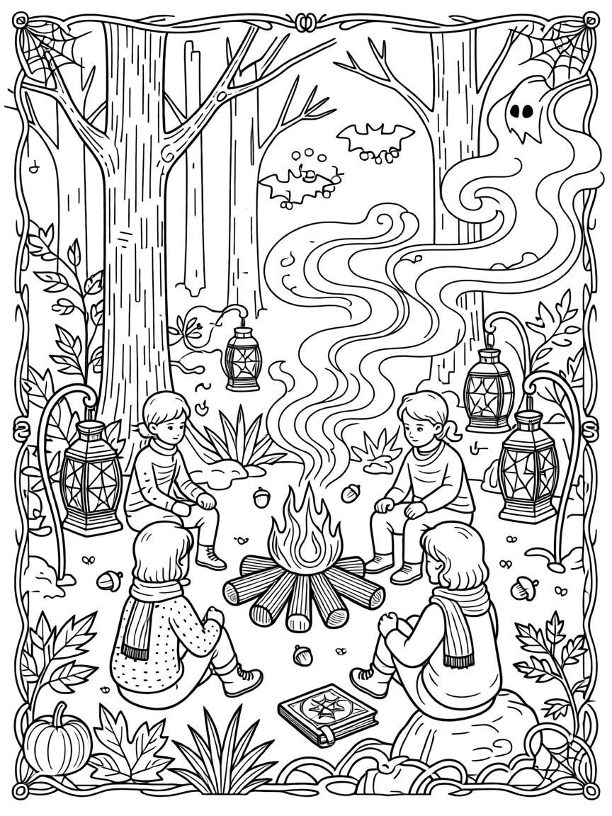 A Halloween ghost story campfire scene with lanterns and swirling mist.